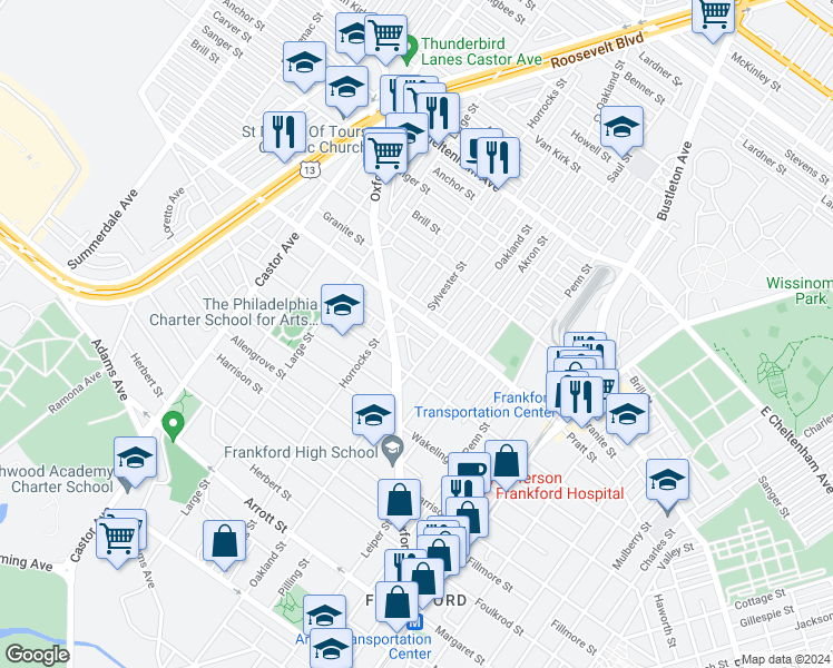 map of restaurants, bars, coffee shops, grocery stores, and more near 1229 Kenwyn Street in Philadelphia