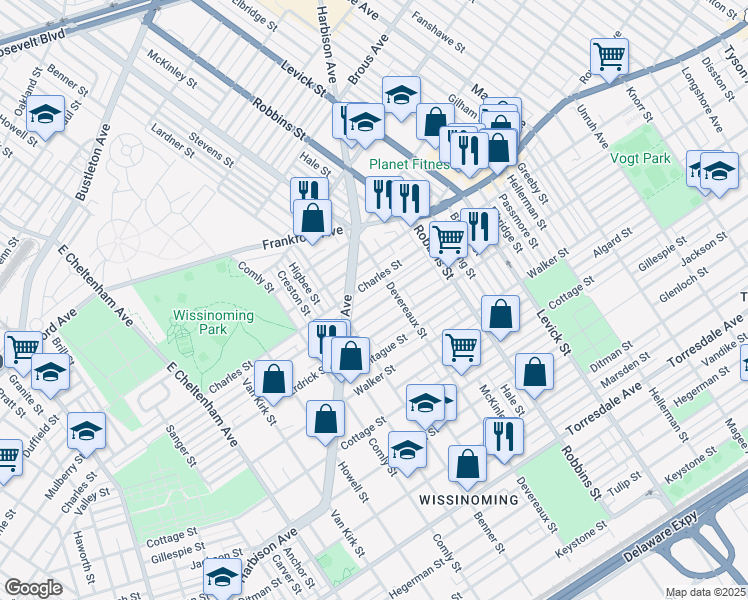 map of restaurants, bars, coffee shops, grocery stores, and more near 6135 Tackawanna Street in Philadelphia