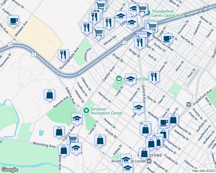 map of restaurants, bars, coffee shops, grocery stores, and more near 1020 Wakeling Street in Philadelphia