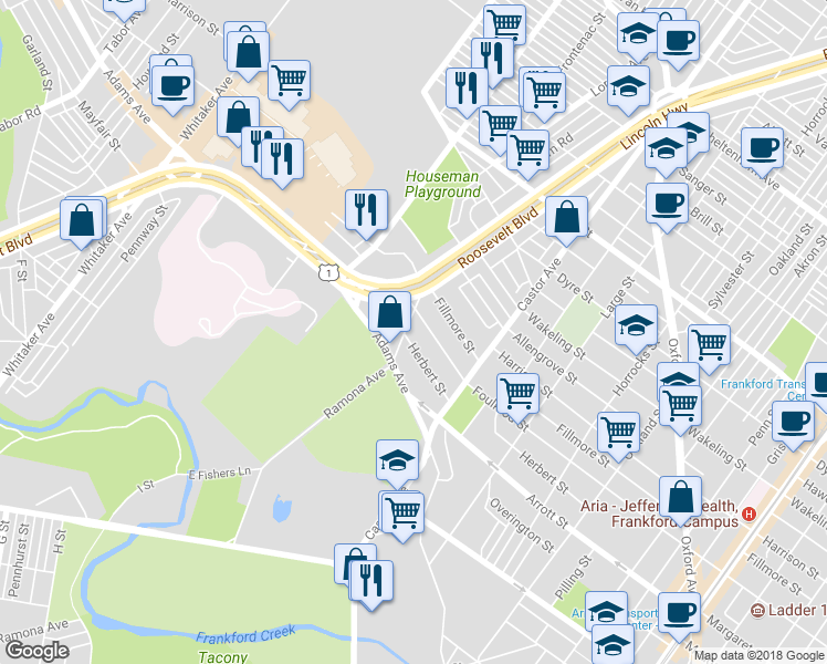 map of restaurants, bars, coffee shops, grocery stores, and more near 4723 Ramona Avenue in Philadelphia