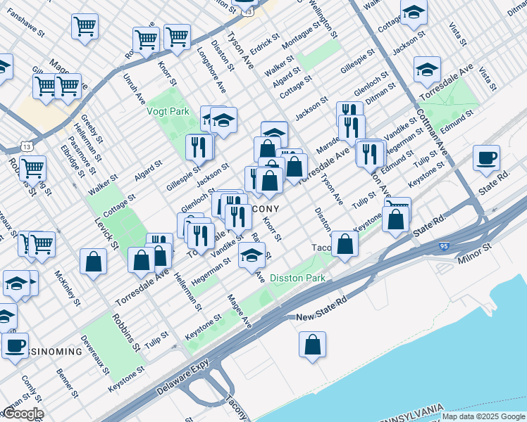map of restaurants, bars, coffee shops, grocery stores, and more near 4705 Knorr Street in Philadelphia