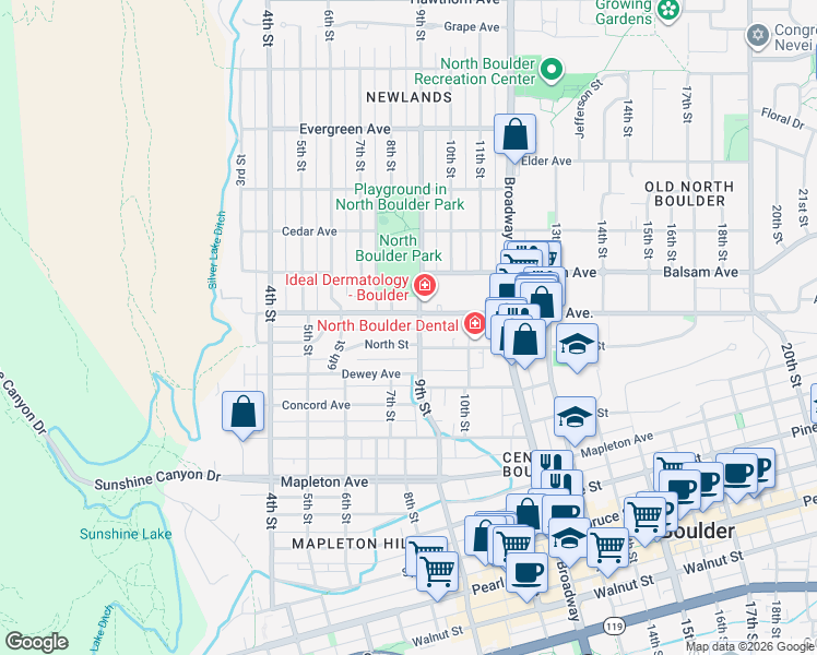 map of restaurants, bars, coffee shops, grocery stores, and more near 752 North Street in Boulder