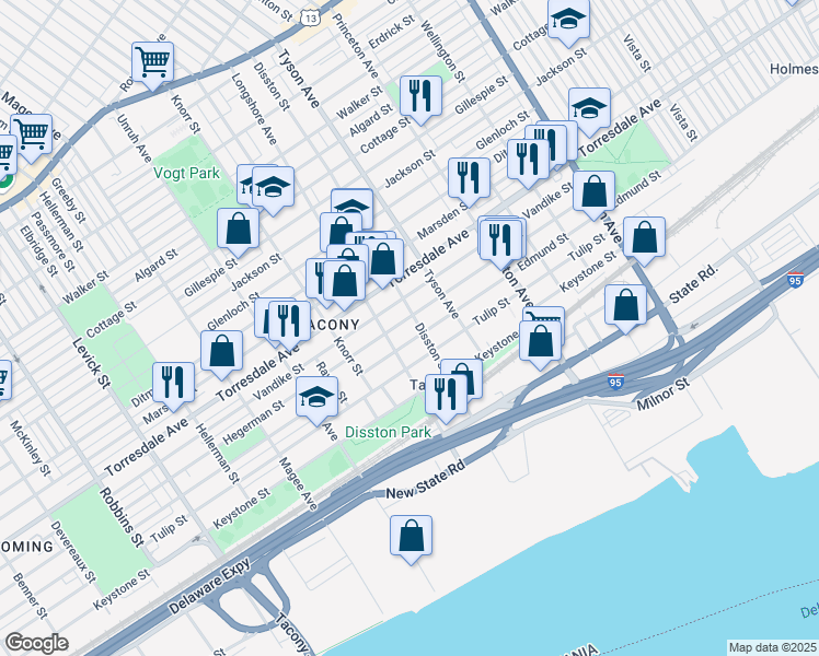 map of restaurants, bars, coffee shops, grocery stores, and more near 4815 Longshore Avenue in Philadelphia