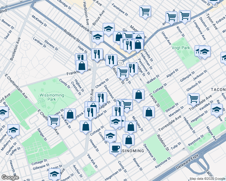 map of restaurants, bars, coffee shops, grocery stores, and more near 6201 Erdrick Street in Philadelphia