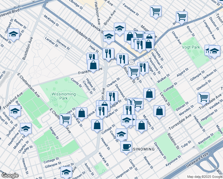 map of restaurants, bars, coffee shops, grocery stores, and more near 6135 Tackawanna Street in Philadelphia