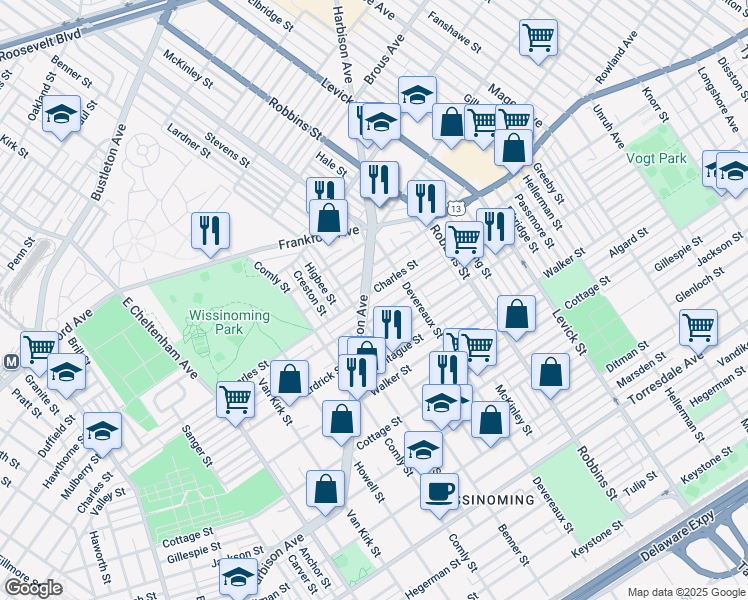 map of restaurants, bars, coffee shops, grocery stores, and more near 6121 Charles Street in Philadelphia