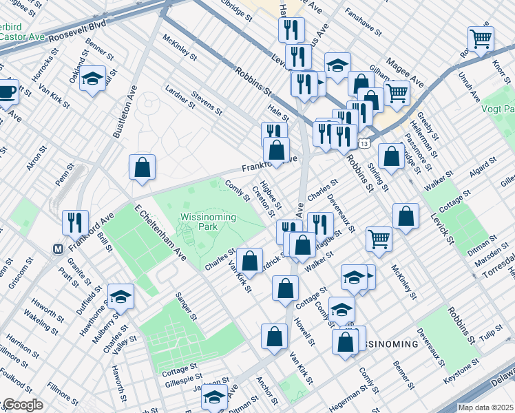 map of restaurants, bars, coffee shops, grocery stores, and more near 4065 Comly Street in Philadelphia