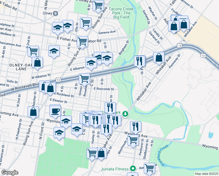map of restaurants, bars, coffee shops, grocery stores, and more near 4947 Rorer Street in Philadelphia