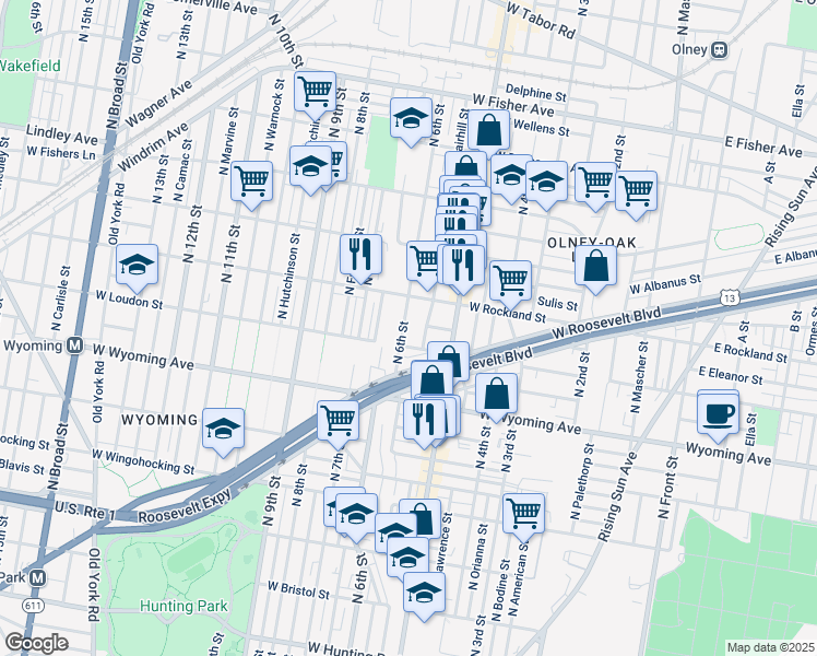 map of restaurants, bars, coffee shops, grocery stores, and more near 556 West Loudon Street in Philadelphia