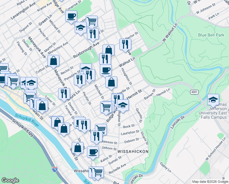 map of restaurants, bars, coffee shops, grocery stores, and more near 476 Seville Street in Philadelphia