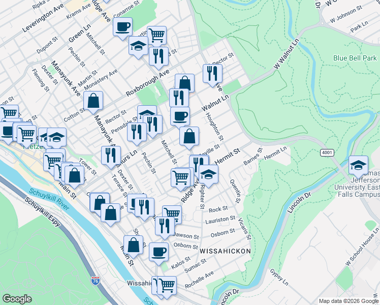 map of restaurants, bars, coffee shops, grocery stores, and more near 476 Seville Street in Philadelphia
