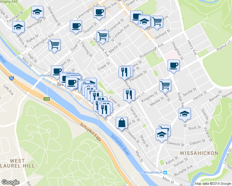 map of restaurants, bars, coffee shops, grocery stores, and more near 4159 Tower Street in Philadelphia