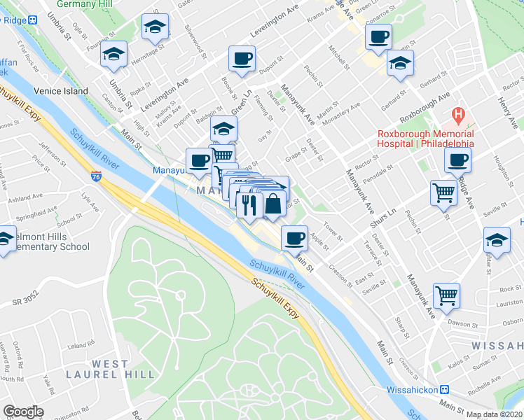map of restaurants, bars, coffee shops, grocery stores, and more near 4313-17 Main Street in Philadelphia