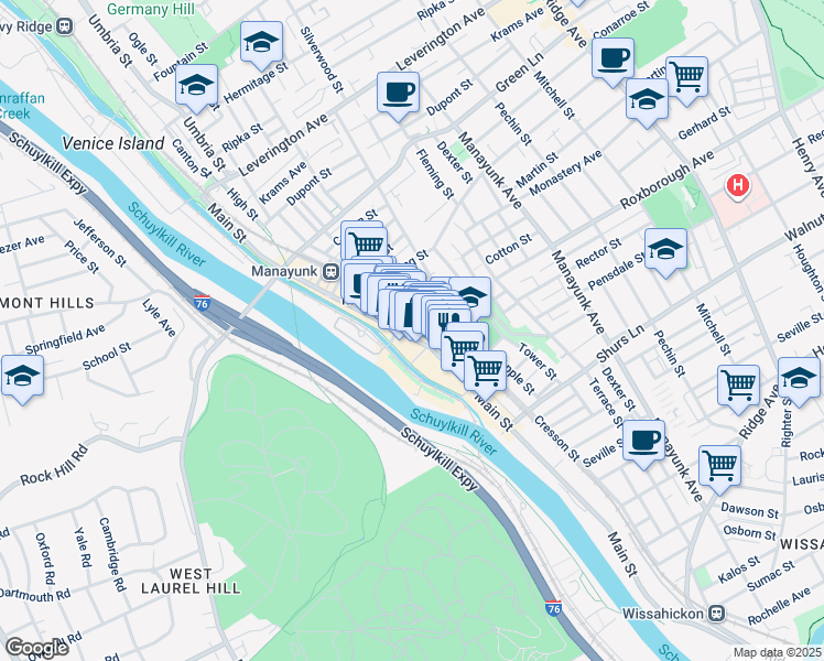 map of restaurants, bars, coffee shops, grocery stores, and more near 4254 Main Street in Philadelphia