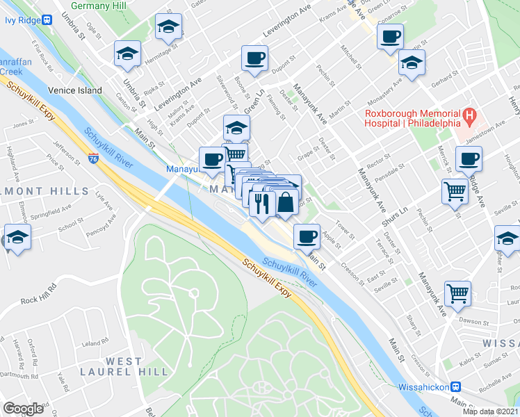 map of restaurants, bars, coffee shops, grocery stores, and more near 4254 Main Street in Philadelphia