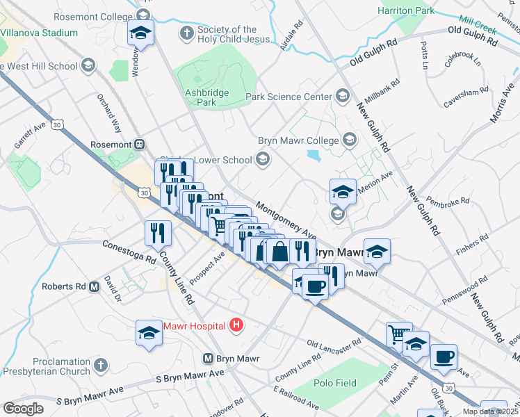 map of restaurants, bars, coffee shops, grocery stores, and more near 900 Montgomery Avenue in Bryn Mawr