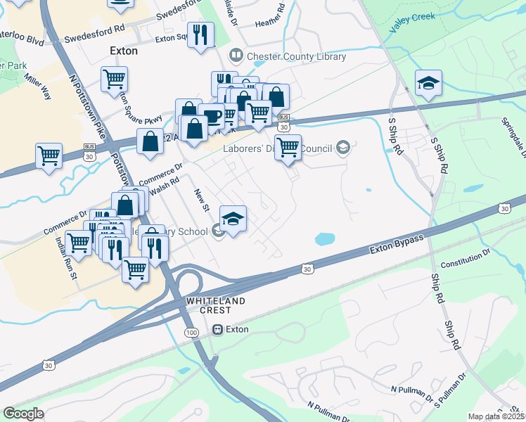 map of restaurants, bars, coffee shops, grocery stores, and more near 340 Aberdeen Avenue in Exton