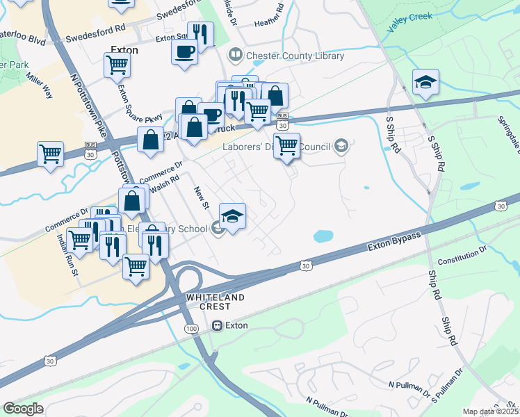 map of restaurants, bars, coffee shops, grocery stores, and more near 340 Aberdeen Avenue in Exton