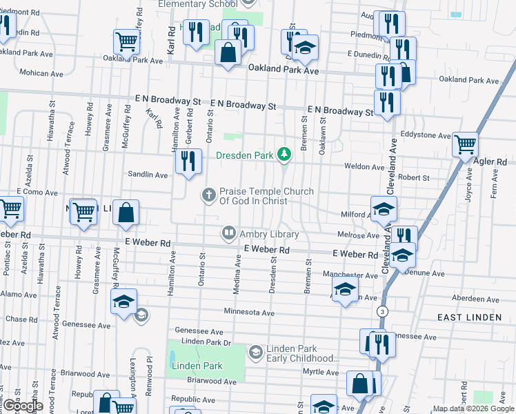 map of restaurants, bars, coffee shops, grocery stores, and more near 2829 Norwood Street in Columbus