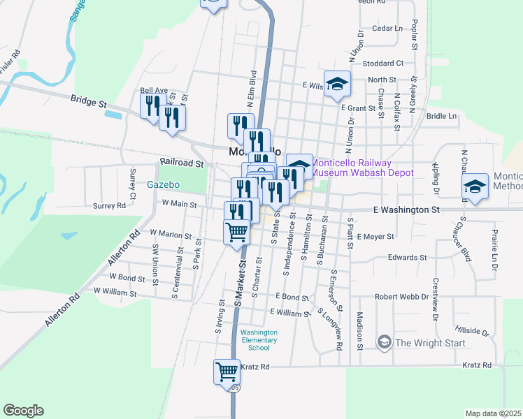 map of restaurants, bars, coffee shops, grocery stores, and more near 106 South Charter Street in Monticello