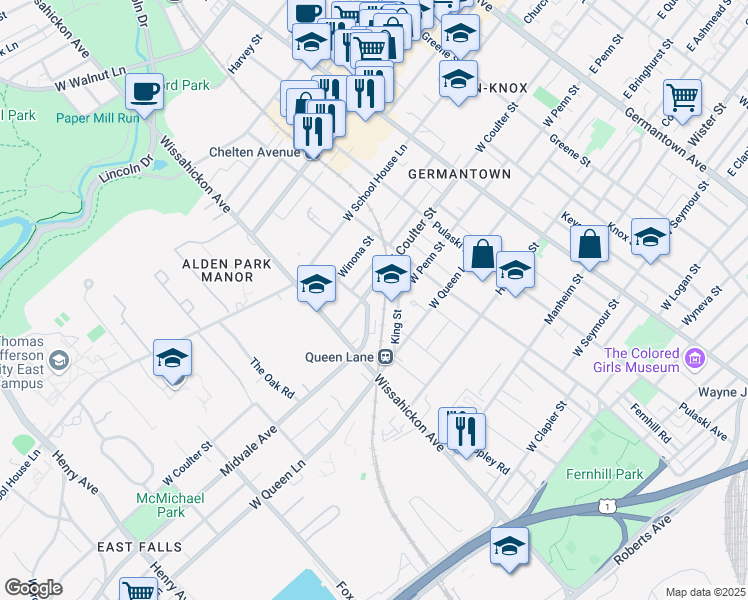 map of restaurants, bars, coffee shops, grocery stores, and more near 502 Midvale Avenue in Philadelphia