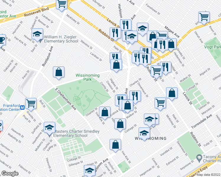 map of restaurants, bars, coffee shops, grocery stores, and more near 4048 Creston Street in Philadelphia