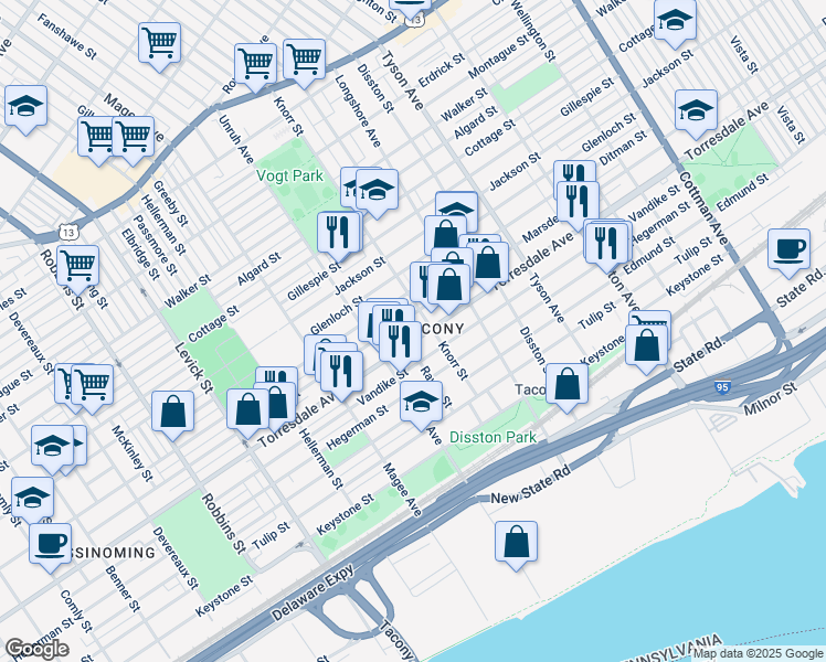 map of restaurants, bars, coffee shops, grocery stores, and more near in Philadelphia