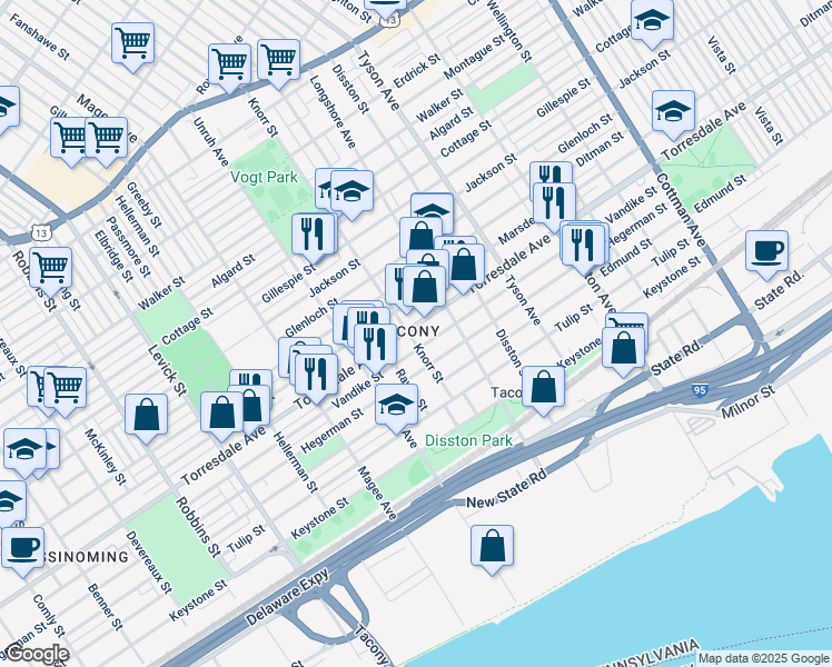 map of restaurants, bars, coffee shops, grocery stores, and more near 4705 Knorr Street in Philadelphia