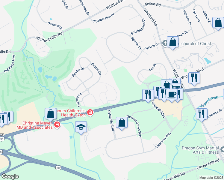 map of restaurants, bars, coffee shops, grocery stores, and more near 516 Downing Court in Exton
