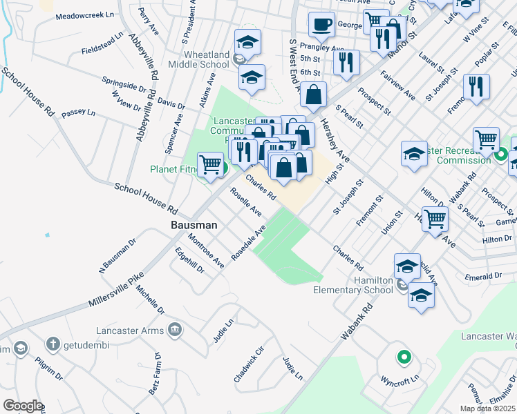 map of restaurants, bars, coffee shops, grocery stores, and more near 121 Roselle Avenue in Lancaster