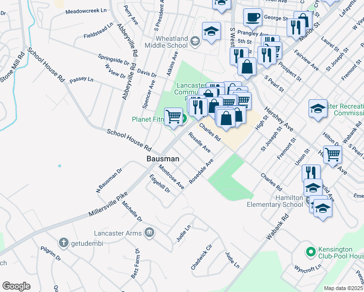 map of restaurants, bars, coffee shops, grocery stores, and more near 4 Grandview Avenue in Lancaster