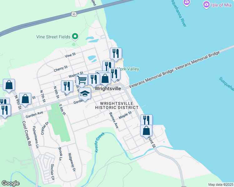 map of restaurants, bars, coffee shops, grocery stores, and more near 120 Chestnut Street in Wrightsville