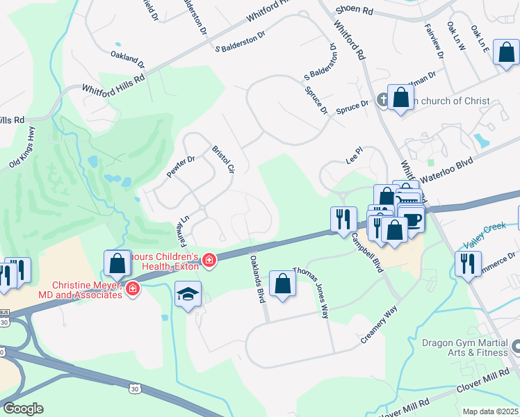 map of restaurants, bars, coffee shops, grocery stores, and more near 516 Downing Court in Exton