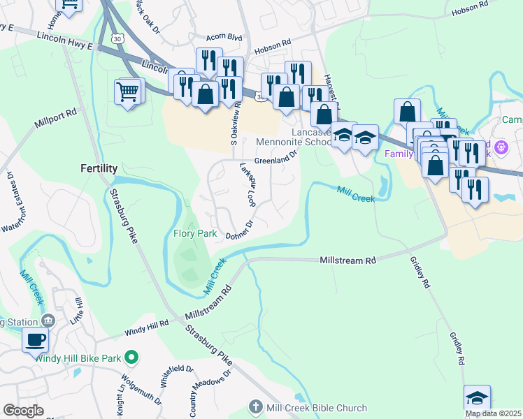 map of restaurants, bars, coffee shops, grocery stores, and more near 308 Dohner Drive in Lancaster