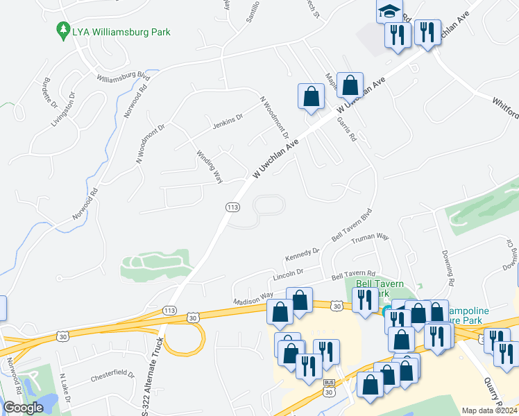 map of restaurants, bars, coffee shops, grocery stores, and more near 206 Tall Trees Circle in Downingtown