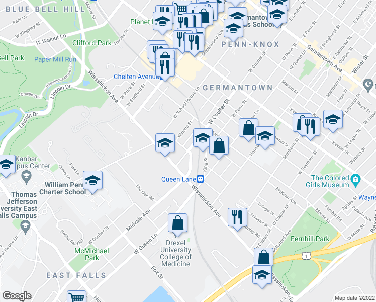map of restaurants, bars, coffee shops, grocery stores, and more near West Coulter Street & West Midvale Avenue in Philadelphia