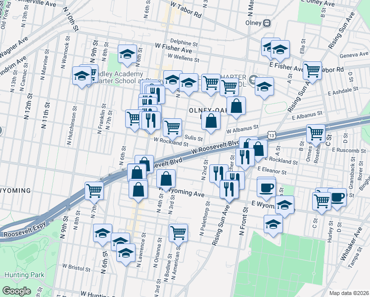 map of restaurants, bars, coffee shops, grocery stores, and more near 222 West Roosevelt Boulevard in Philadelphia