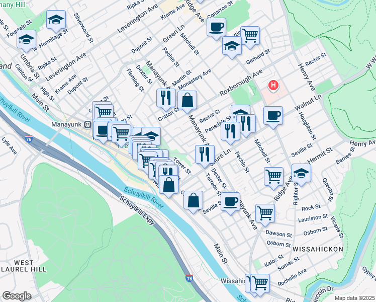 map of restaurants, bars, coffee shops, grocery stores, and more near 208 Jamestown Street in Philadelphia