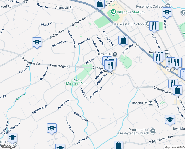map of restaurants, bars, coffee shops, grocery stores, and more near 233 Rockingham Road in Bryn Mawr