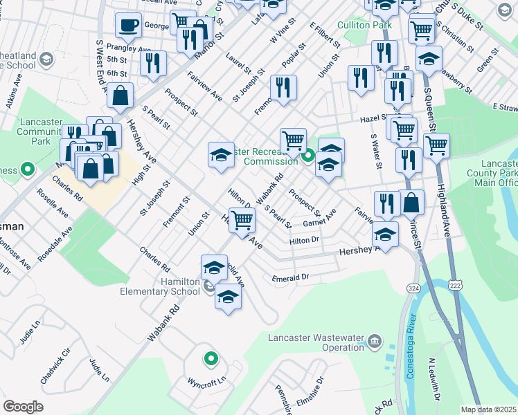 map of restaurants, bars, coffee shops, grocery stores, and more near 504 South Pearl Street in Lancaster