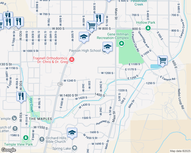 map of restaurants, bars, coffee shops, grocery stores, and more near 306 West 1240 South in Payson