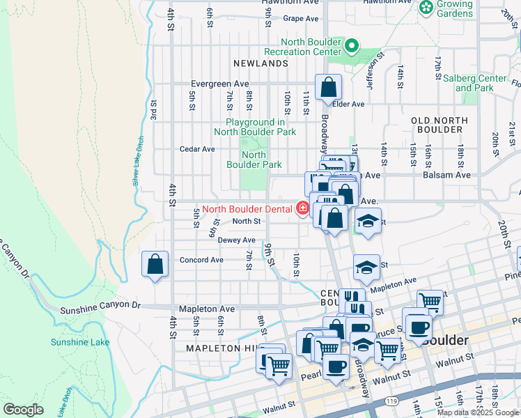 map of restaurants, bars, coffee shops, grocery stores, and more near 752 North Street in Boulder