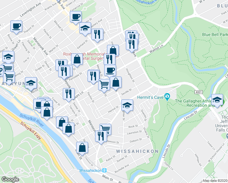 map of restaurants, bars, coffee shops, grocery stores, and more near 5550 Ridge Avenue in Philadelphia