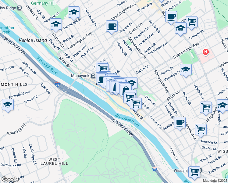 map of restaurants, bars, coffee shops, grocery stores, and more near 4313-17 Main Street in Philadelphia