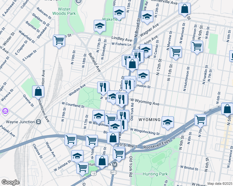 map of restaurants, bars, coffee shops, grocery stores, and more near 4705 North 15th Street in Philadelphia