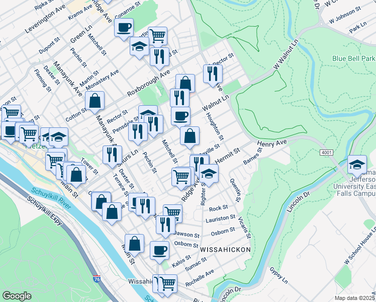 map of restaurants, bars, coffee shops, grocery stores, and more near 5550 Ridge Avenue in Philadelphia