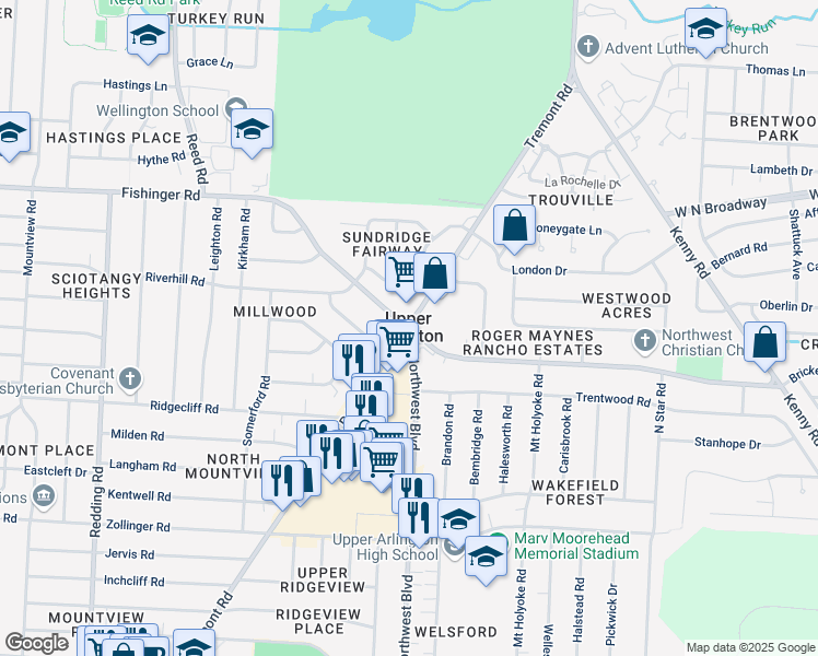 map of restaurants, bars, coffee shops, grocery stores, and more near Tremont Rd & Fishinger Rd in Upper Arlington