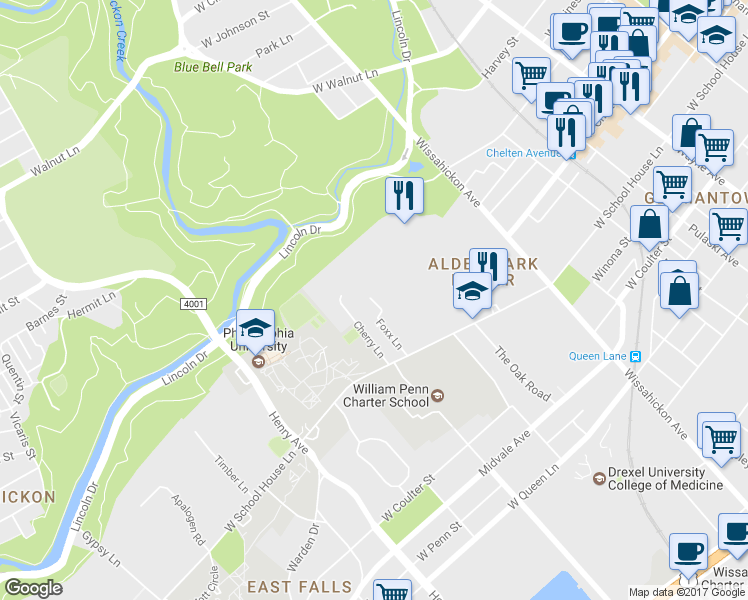 map of restaurants, bars, coffee shops, grocery stores, and more near 3009 Foxx Lane in Philadelphia