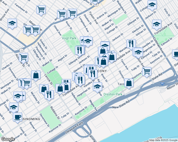 map of restaurants, bars, coffee shops, grocery stores, and more near 6716 Marsden Street in Philadelphia