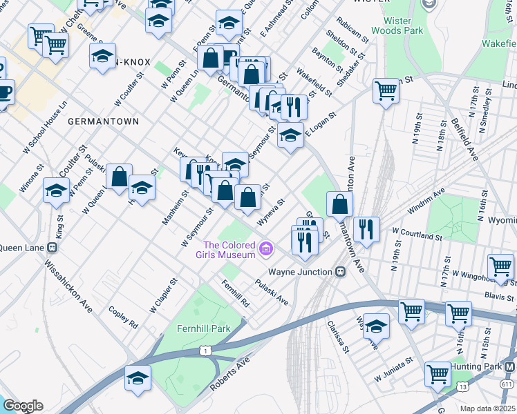 map of restaurants, bars, coffee shops, grocery stores, and more near 152 West Logan Street in Philadelphia